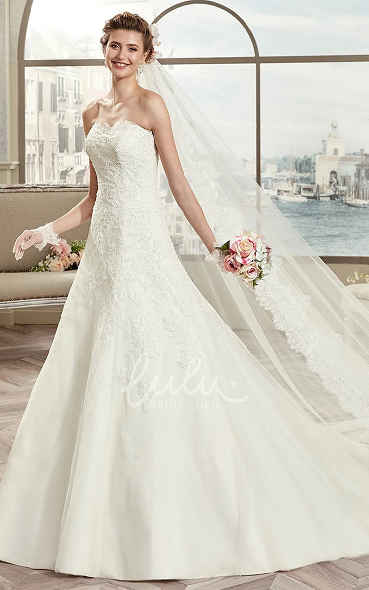 Lace Strapless A-Line Wedding Dress with Open Back and Brush Train