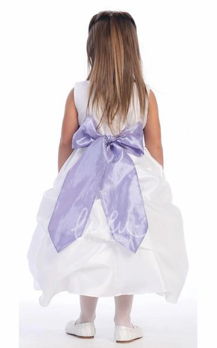 Ruched Taffeta Floral Flower Girl Dress with Sash Tea-Length Wedding Dress