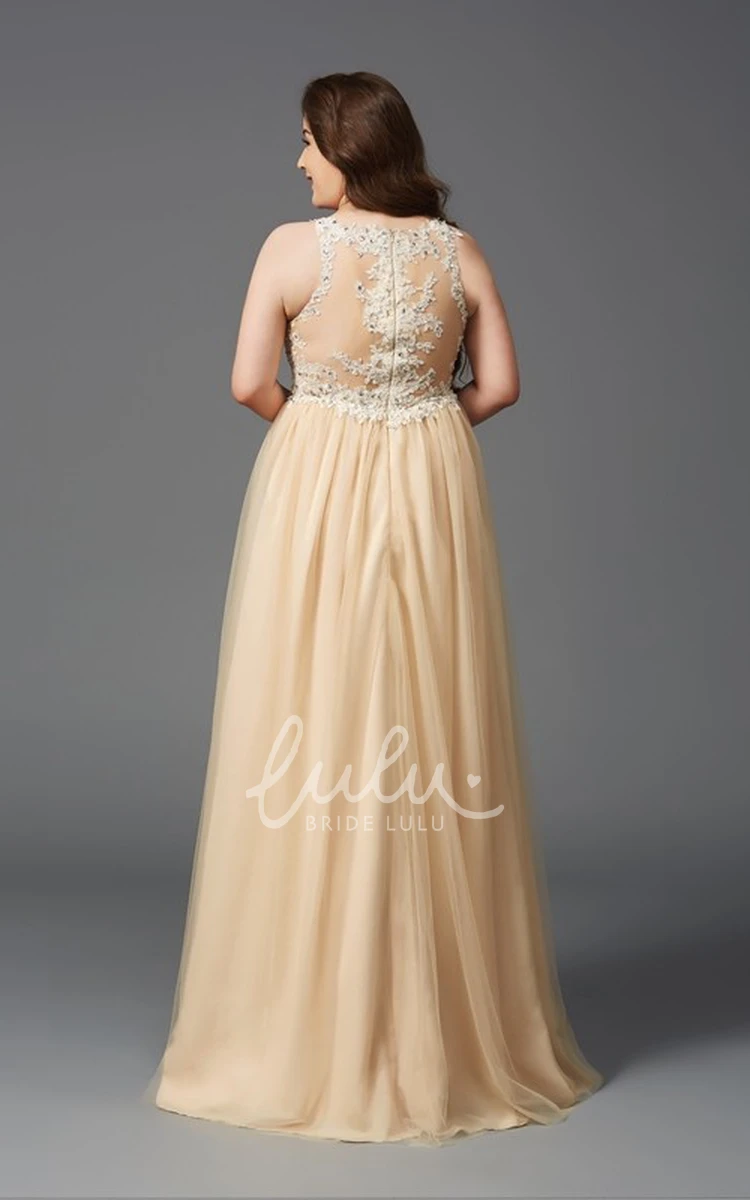 Illusion Scoop Neckline A-Line Dress with Tulle Appliques and Pleats