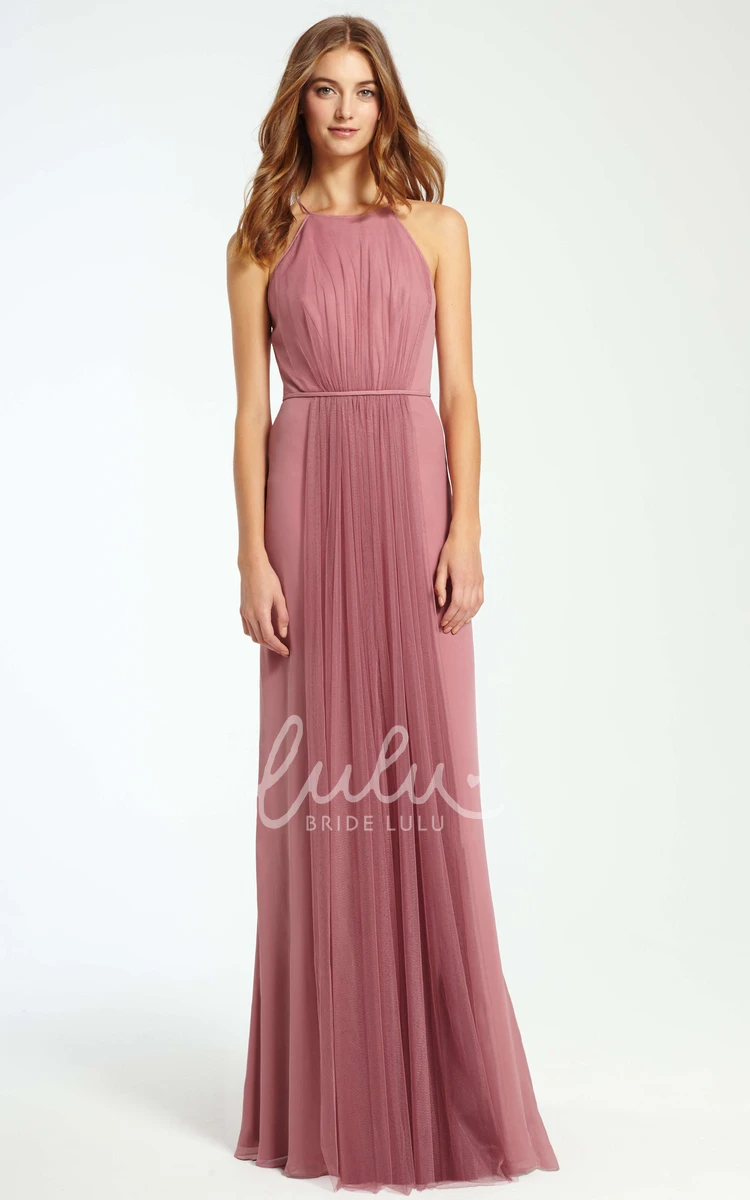 Sleeveless High Neck Tulle Bridesmaid Dress with Ruched Bodice Simple Dress