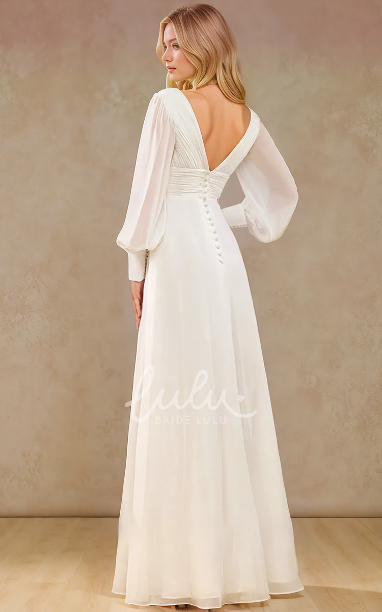Sexy V Neck Simple Casual Long Sleeve Sheath Empire Floor-length Wedding Dress