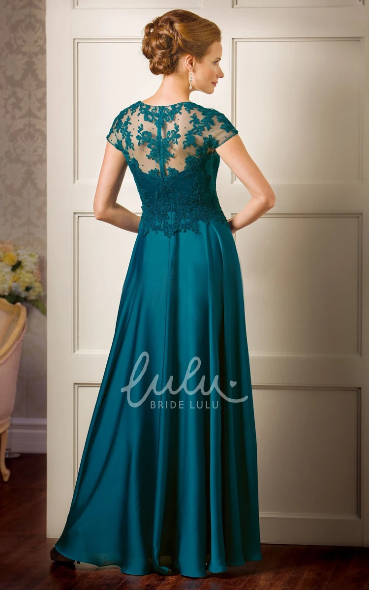 Long Appliqued Mother Of The Bride Dress with Cap Sleeves and Illusion Back