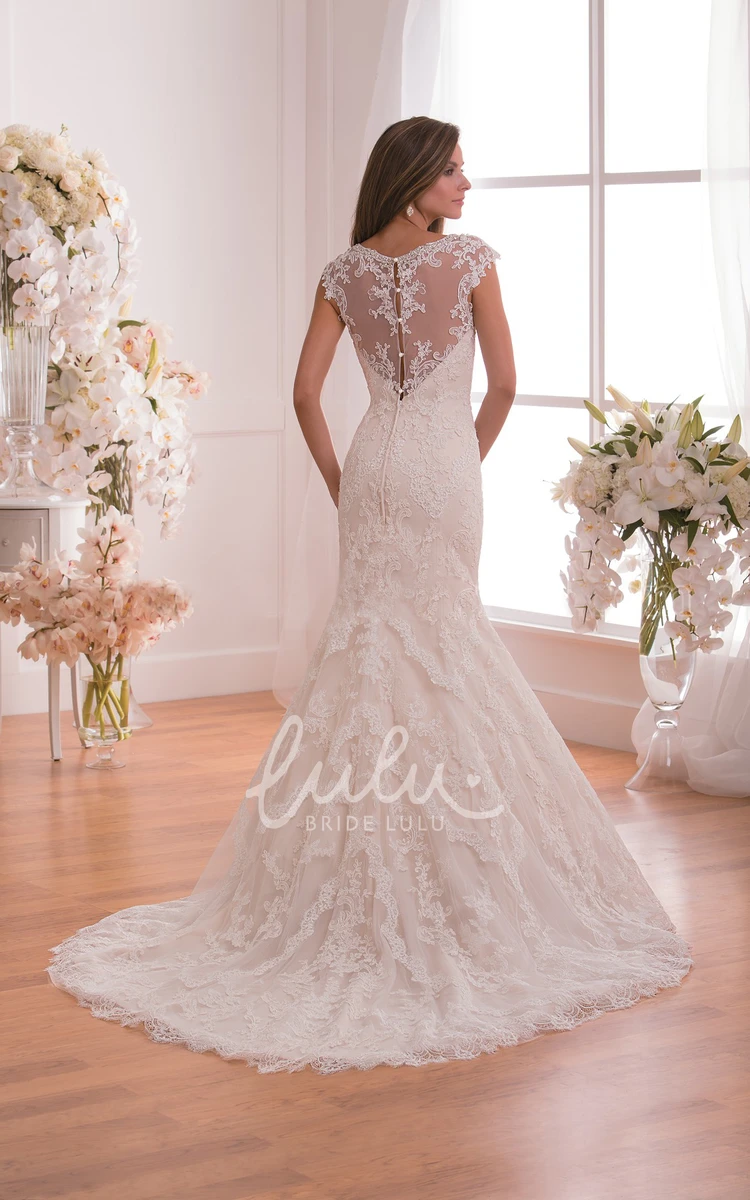 Illusion Back Cap-Sleeved Mermaid Wedding Dress with Appliques