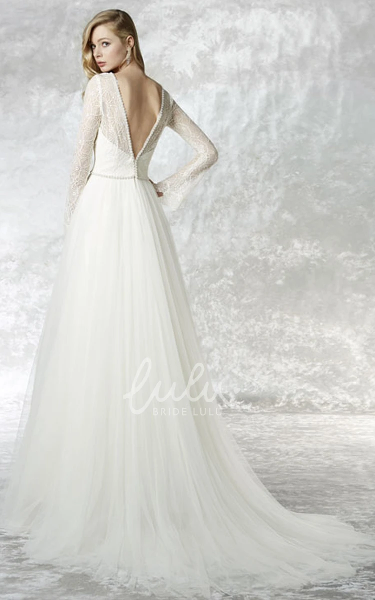 Lace V-Neck Tulle A-Line Wedding Dress with Illusion Sleeves and Brush Train