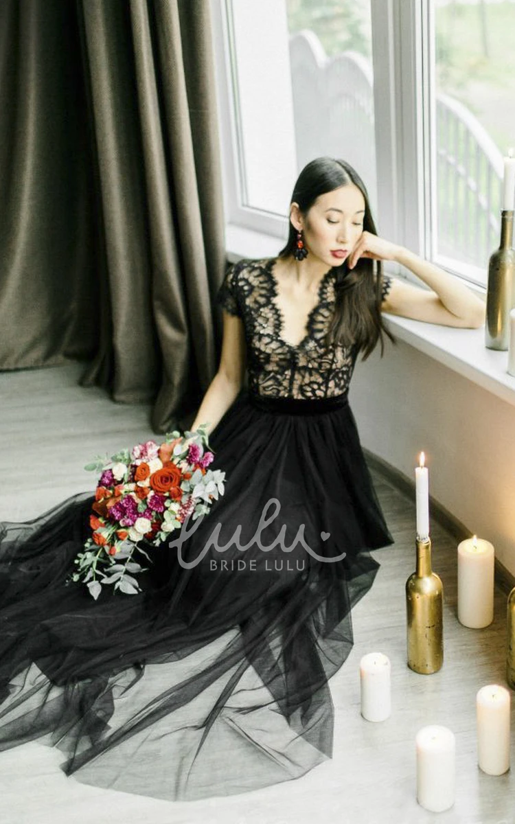 Sexy Black Lace Cap Sleeve Tulle Wedding Dress 