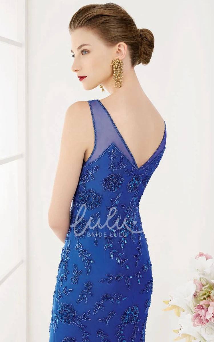 Sheath Long Dress with Crystal Flowers & V-Back Elegant Formal Dress