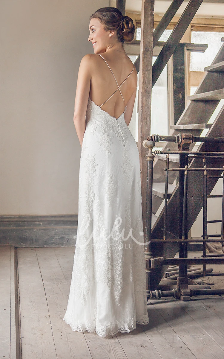 Sleeveless Lace Appliqued Wedding Dress Long Spaghetti