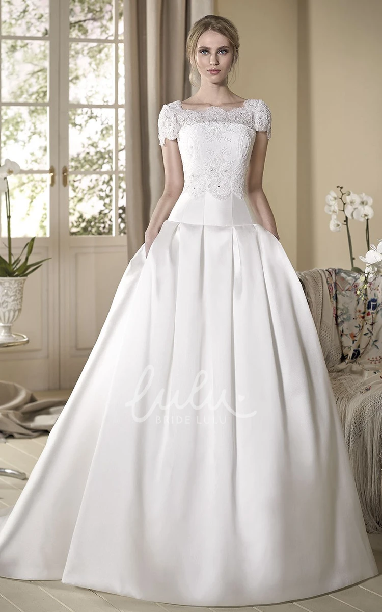 Lace Satin Wedding Dress with Cape A-Line Maxi Cap-Sleeve