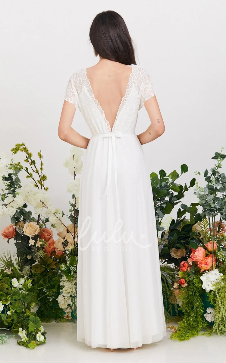 Vintage Bohemian A-Line Wedding Dress Short Sleeve Bridal Gown with Deep V-Neck
