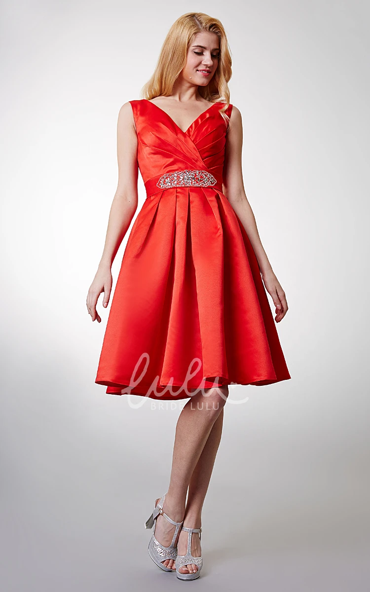 Knee-Length Satin Dress with A-Line Silhouette and Shiny Sash Detail