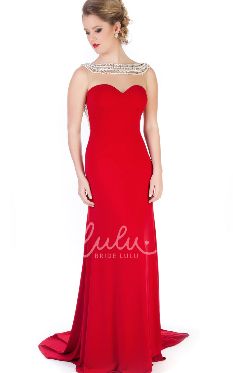 Beaded Sleeveless Sheath Jersey Evening Dress with Bateau-Neck