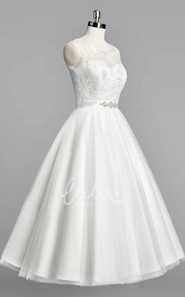 Sleeveless A-Line Tulle Tea-Length Wedding Dress with Beaded Sash Elegant Tulle Wedding Dress with Beaded Sash