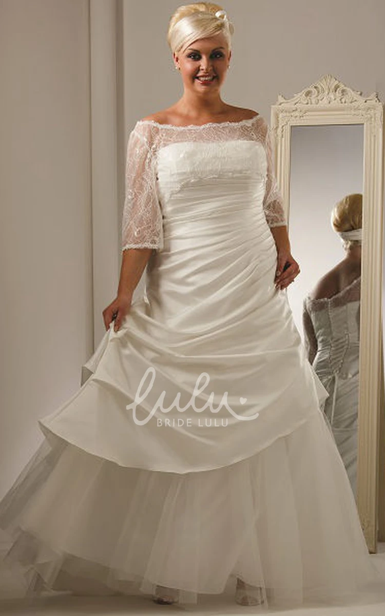 Lace Off Shoulder Taffeta Wedding Dress with Half Sleeves and Tulle Skirt