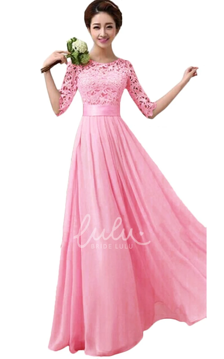 Long Bridesmaid Gown Chiffon with Lace Bodice and Belt Scoop Half Sleeve