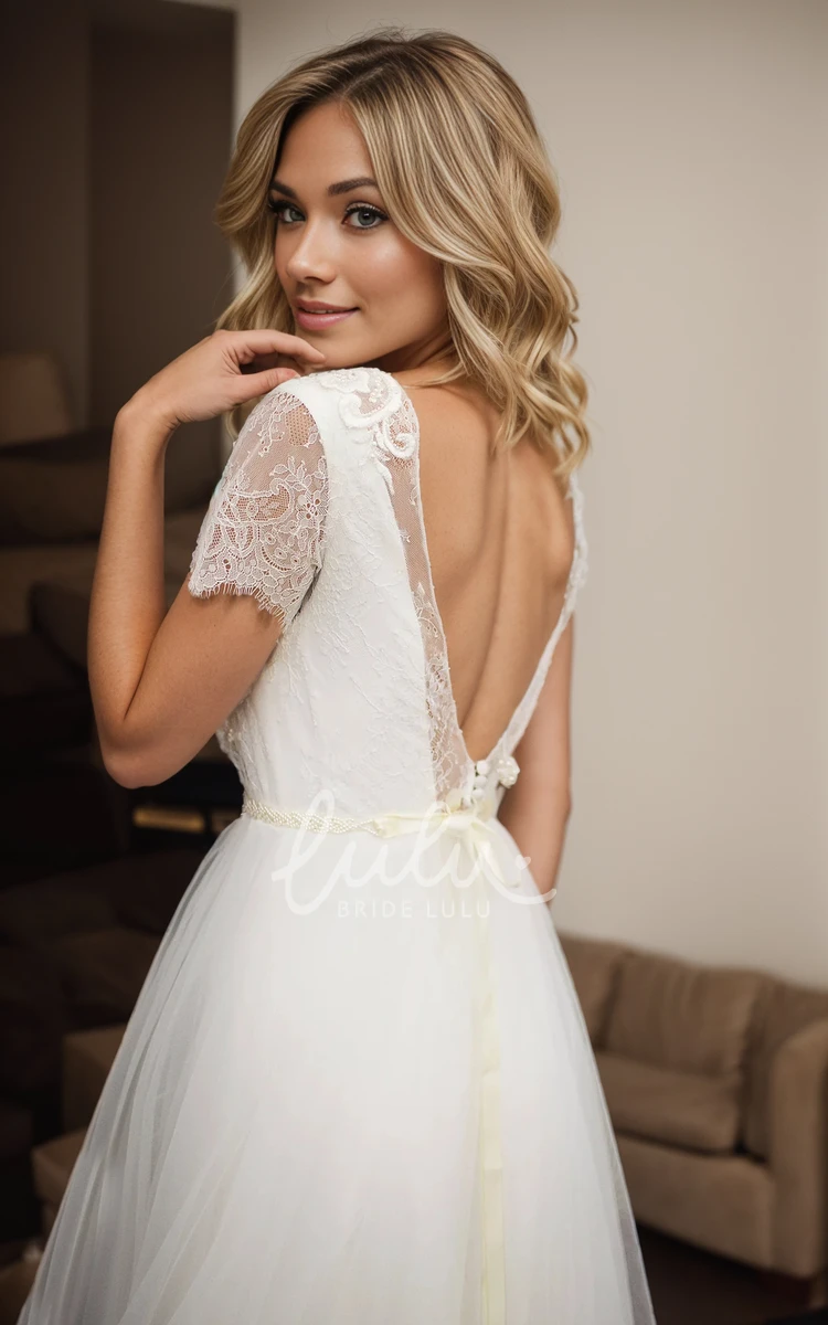 Modest Simple Bohemian Lace A-Line Tulle Wedding Dress Sexy Ethereal Boat Neck Backless Short Sleeve Bridal Gown with Sweep Train