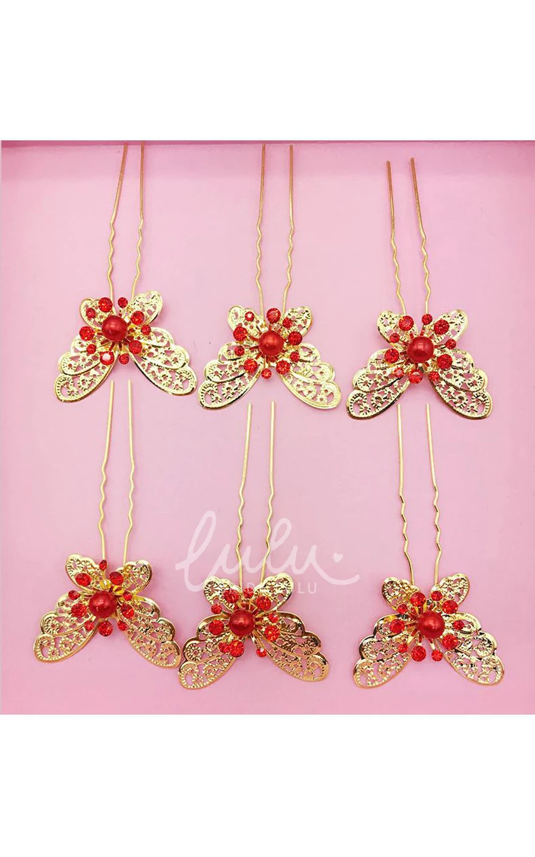 Chinese Cheongsam Wedding Hair Accessories Set with Red Hairpin U-Shaped Clip and Plate