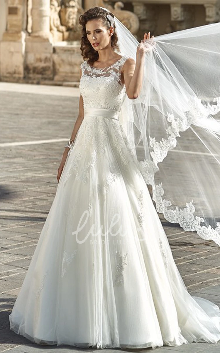 Sleeveless Tulle&Lace A-Line Wedding Dress with Bow Unique Bridal Gown