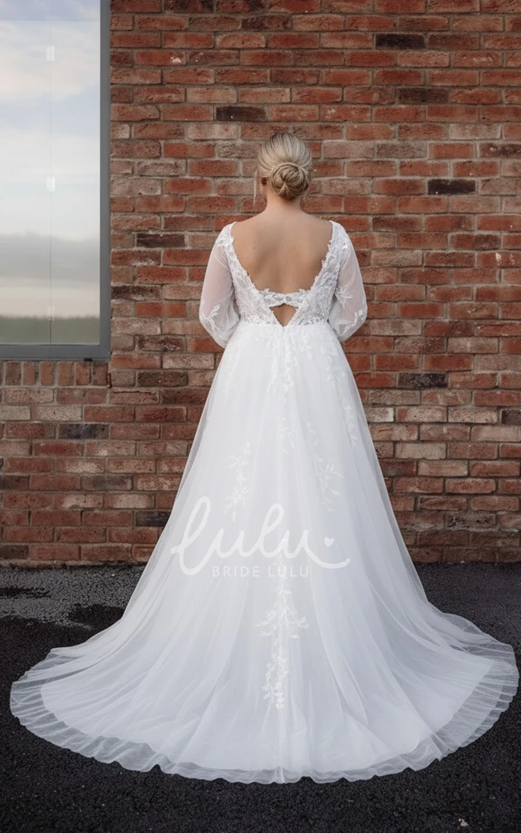 Sexy A-Line V-neck Lace Plus Size Zipper Spring Wedding Dress with Long Sleeve