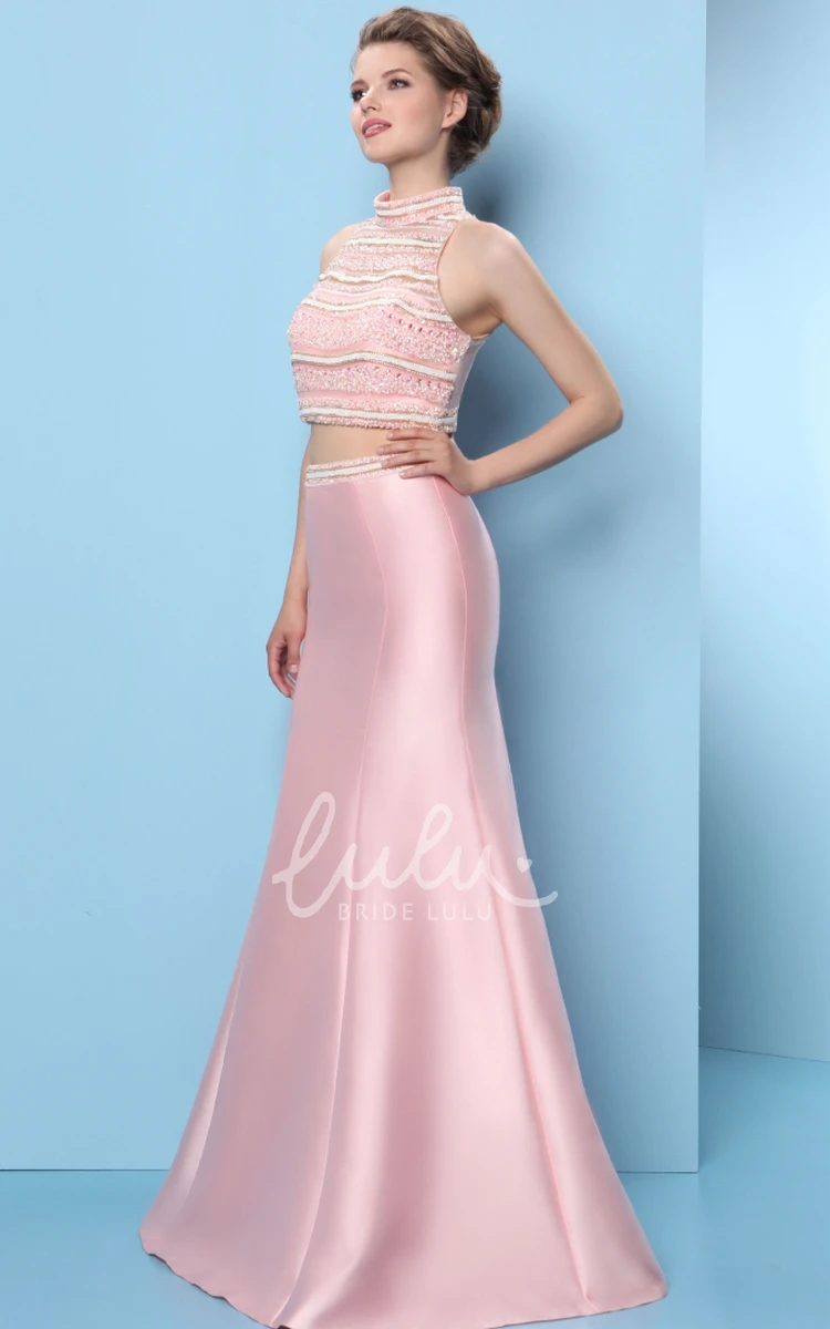 Sleeveless Trumpet Prom Dress with High-Neck and Beaded Satin