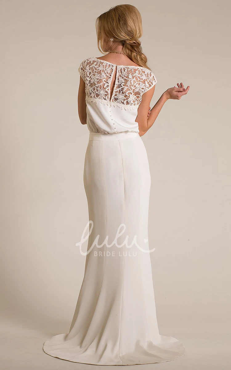 Lace Cap-Sleeve V-Neck Wedding Dress with Brush Train Romantic Floor-Length Gown