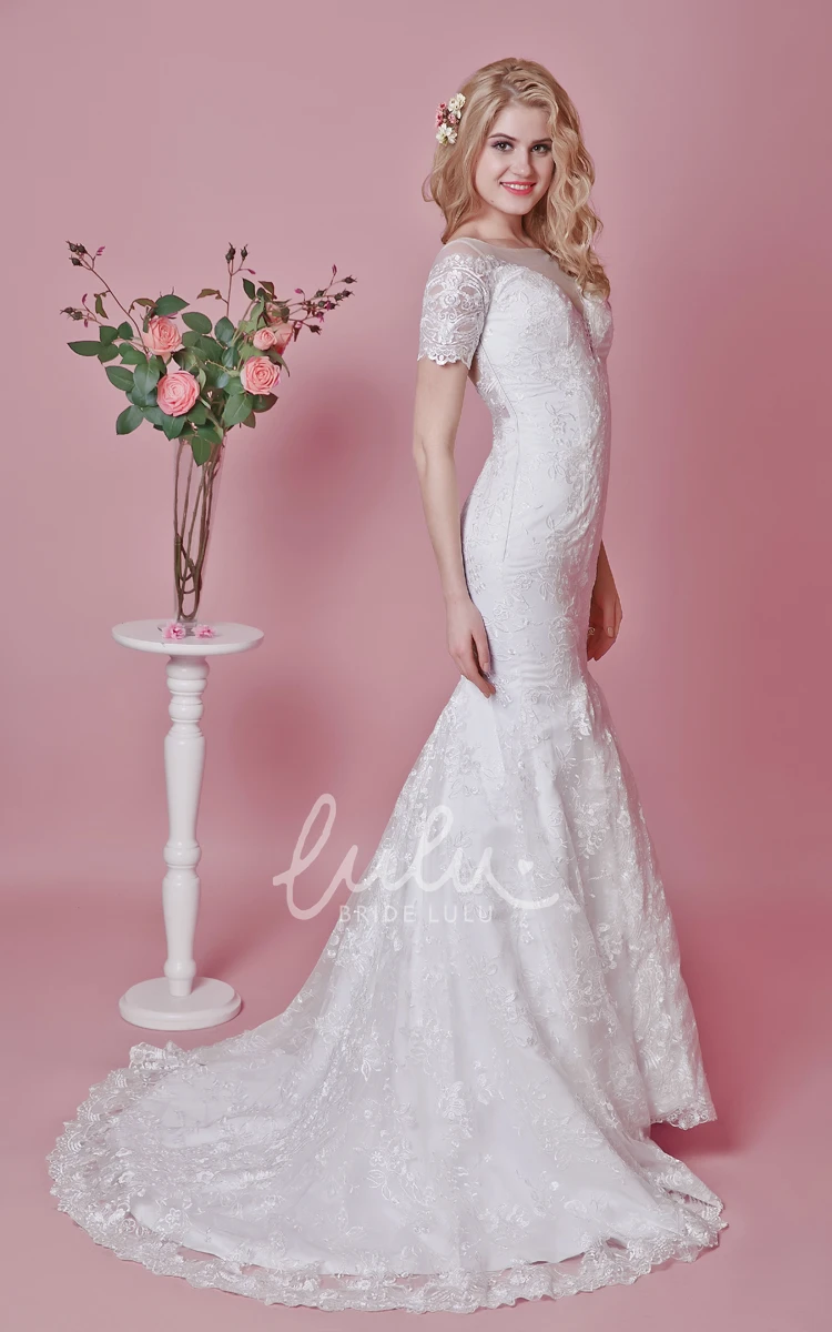 Lace Illusion Back Short Sleeve Trumpet Wedding Dress Modest & Elegant