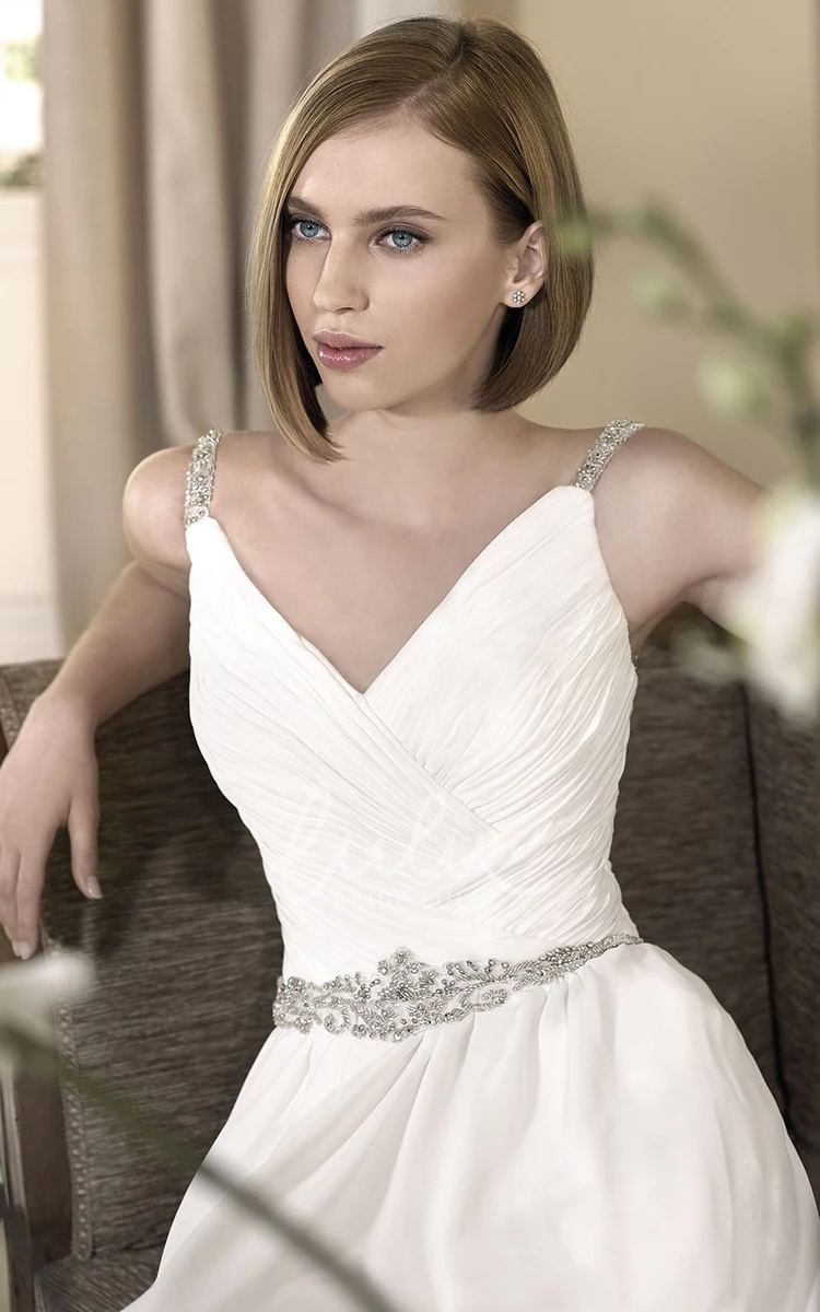 V-Neck Ruched Chiffon Wedding Dress with Waist Jewelry Sleeveless Sheath