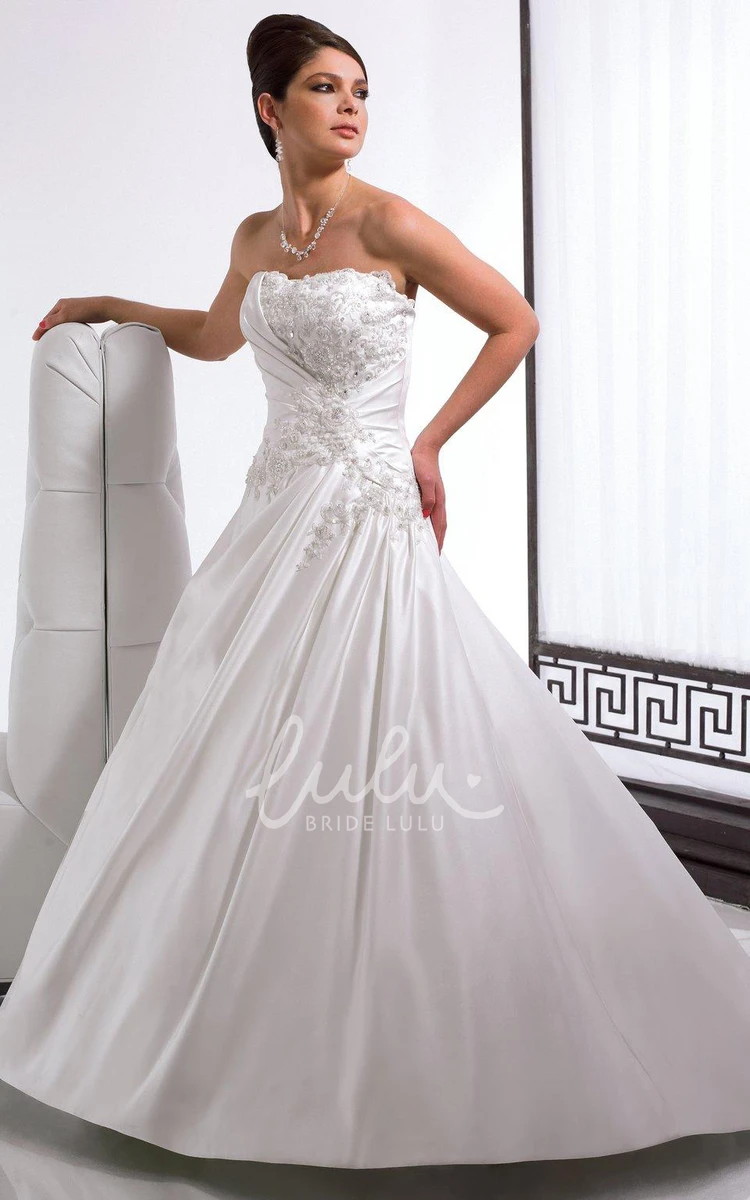 Satin A-Line Wedding Dress with Appliques and Draping Strapless Sleeveless