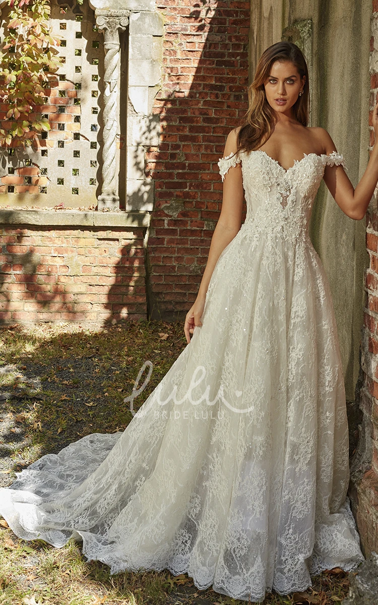 Off-the-Shoulder Lace A-line Wedding Dress with Open Back