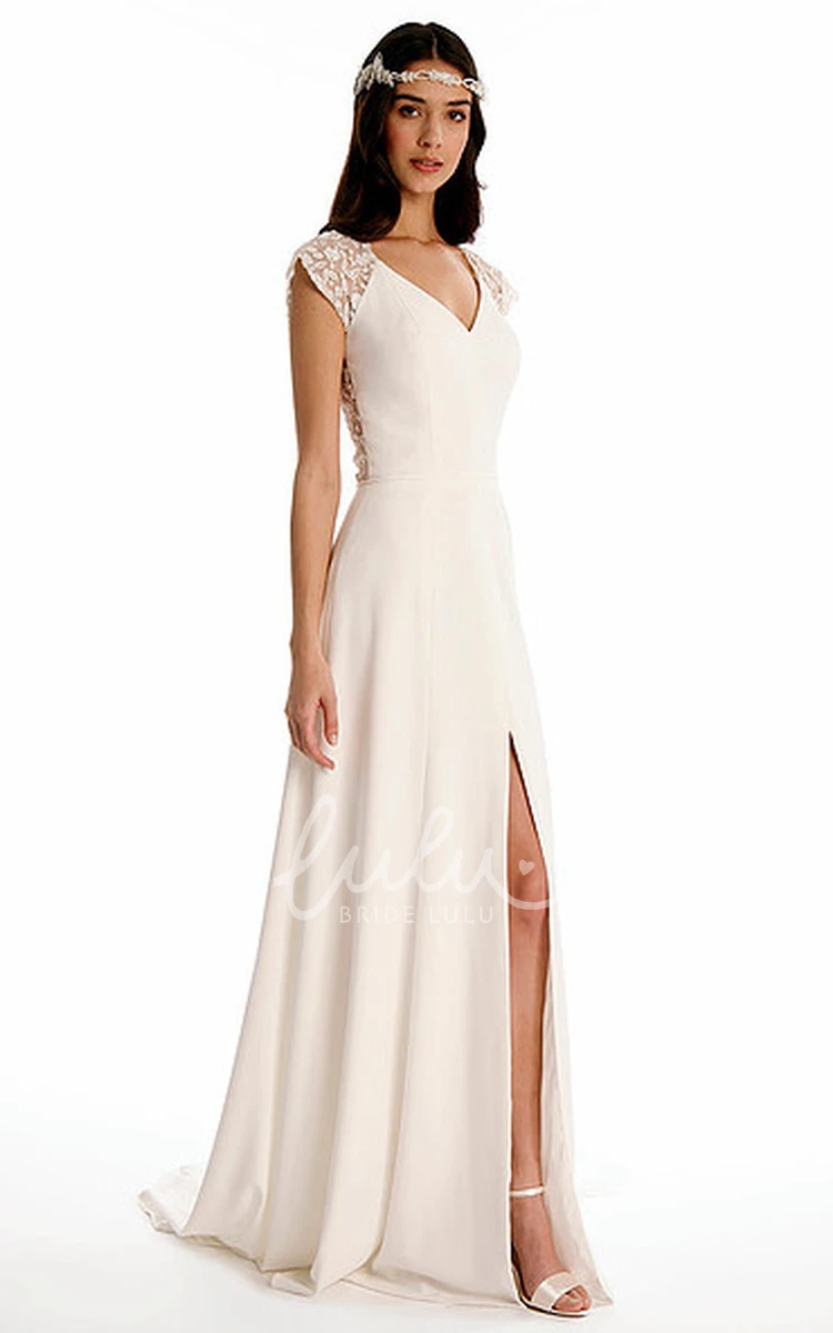 Cap-Sleeve Chiffon Wedding Dress with Applique V-Neck Simple Modern