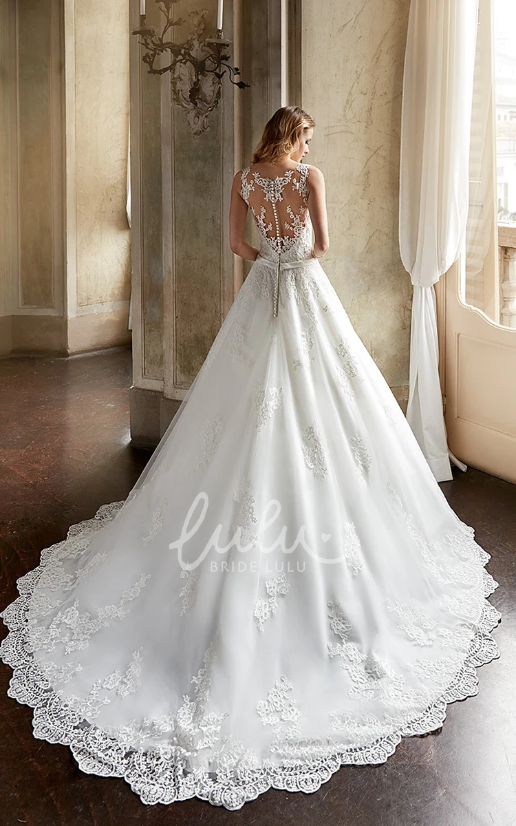 A-Line Lace Wedding Dress with Scoop-Neck Sleeveless and Waist Jewelry Chic Bridal Gown