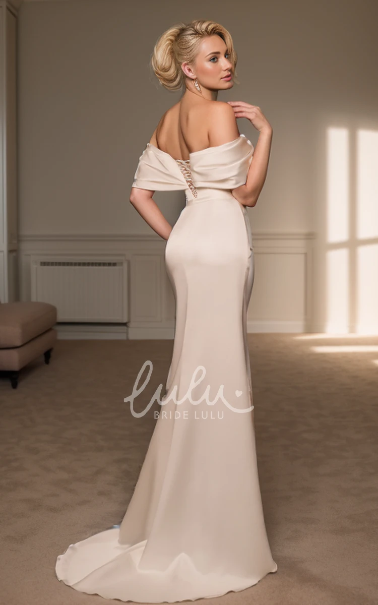 Off-the-shoulder Sexy Mermaid Modern Solid Tall Women Floor-length Sleeveless Backless Lace-up Back Vow Renewal Wedding Dress with Bow Split Front