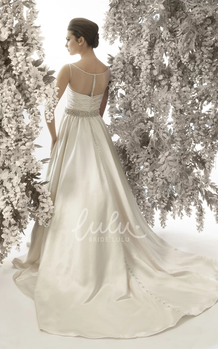 Satin A-Line Bateau Neck Wedding Dress with Criss-Cross Back and Sleeveless Design