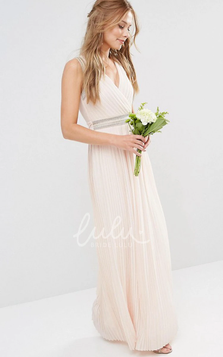 Beaded V-Neck Chiffon Bridesmaid Dress with Ruching and Bow Floor-Length