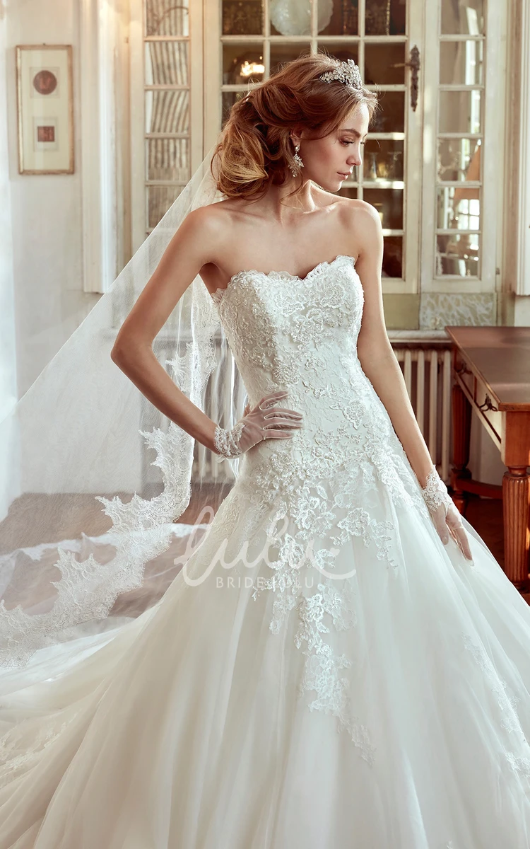 A-line Wedding Dress with Brush Train and Appliqued Bodice Sweetheart Classic