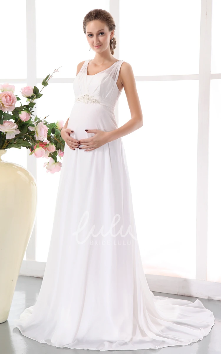 Chiffon Empire Maternity Wedding Dress with Beading and Sleeveless Design