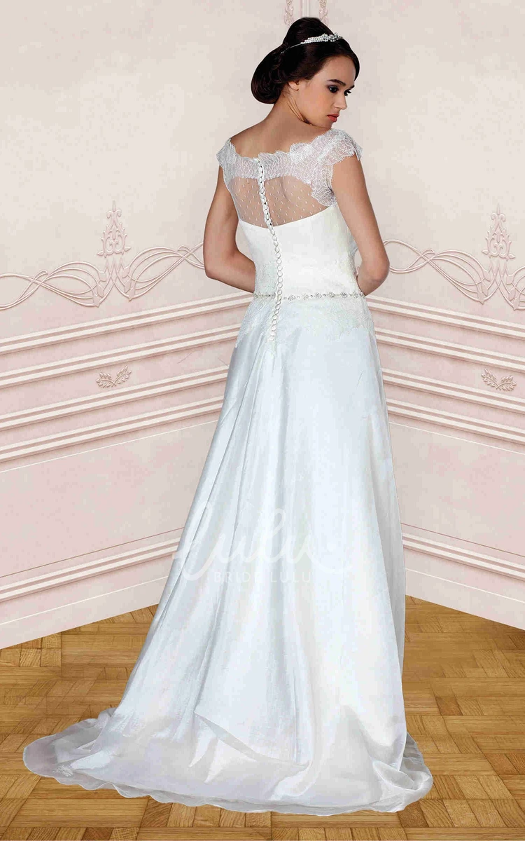 Taffeta & Tulle Cap-Sleeve Wedding Dress with Jeweled Lace A-Line Bateau-Neck Illusion Gown