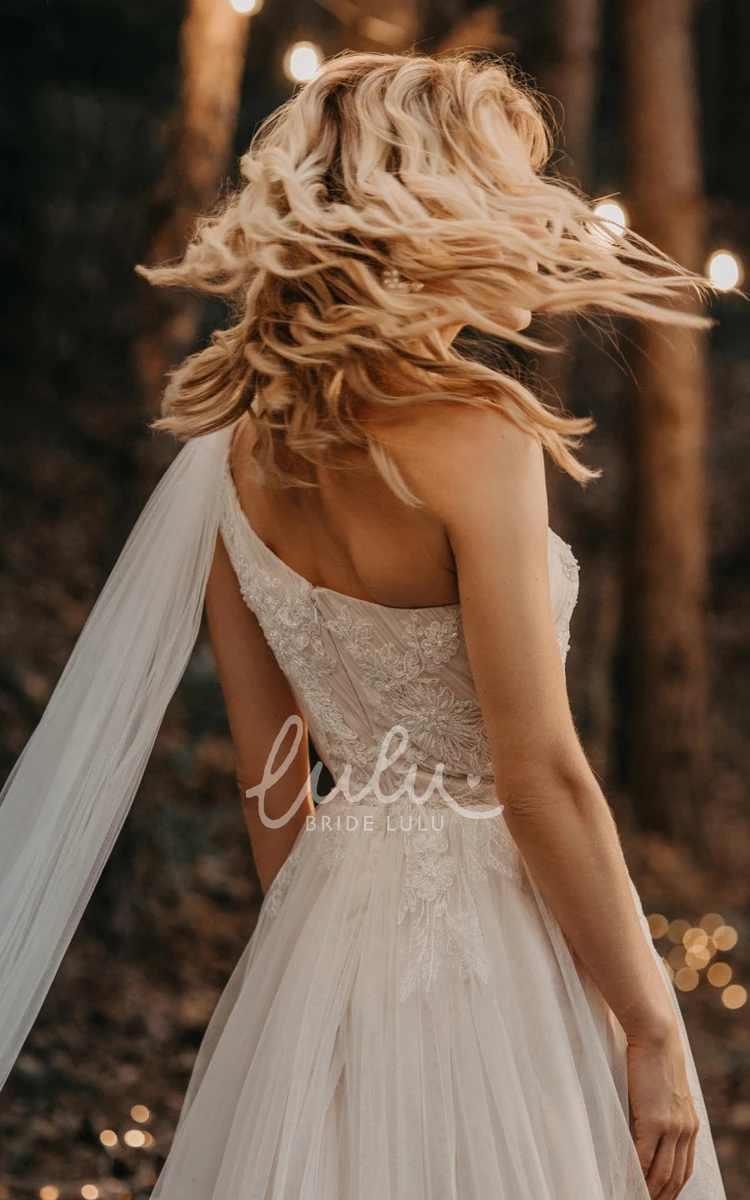 Modern One-Shoulder Sleeveless A-Line Tulle Wedding Dress with Straps Back Elegant Wedding Dress