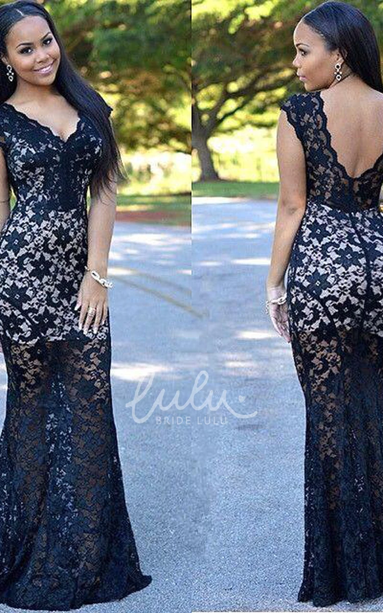 Elegant Black Lace V-Neck Mermaid Prom Dress with Long Train