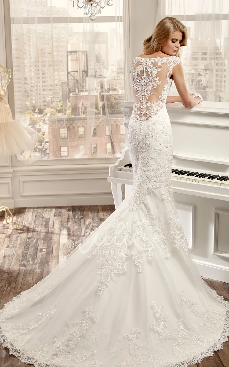 Mermaid Applique Brush Train Wedding Dress with Cap-Sleeves