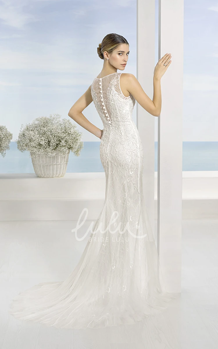 Sleeveless Bateau Lace Wedding Dress with Sweep Train and Illusion Back Simple Bridal Dress