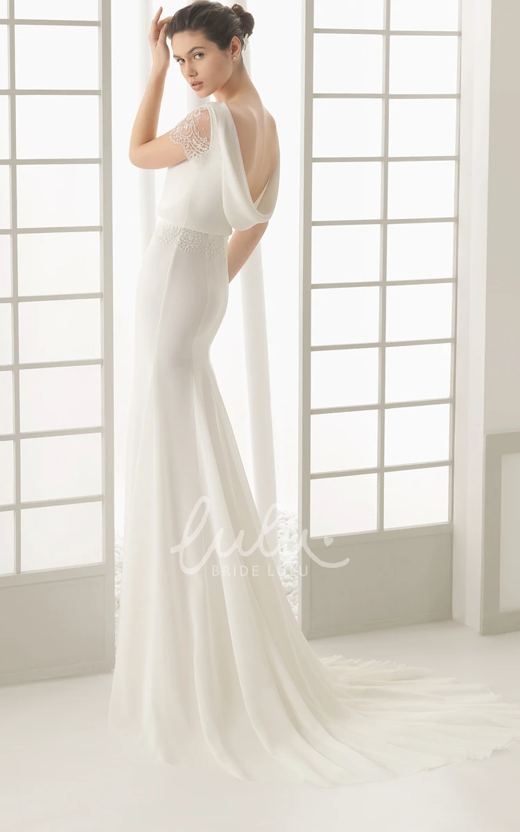 Cap-sleeved Backless Lacy Illusion Bateau-neck Wedding Dress with Draping at Back