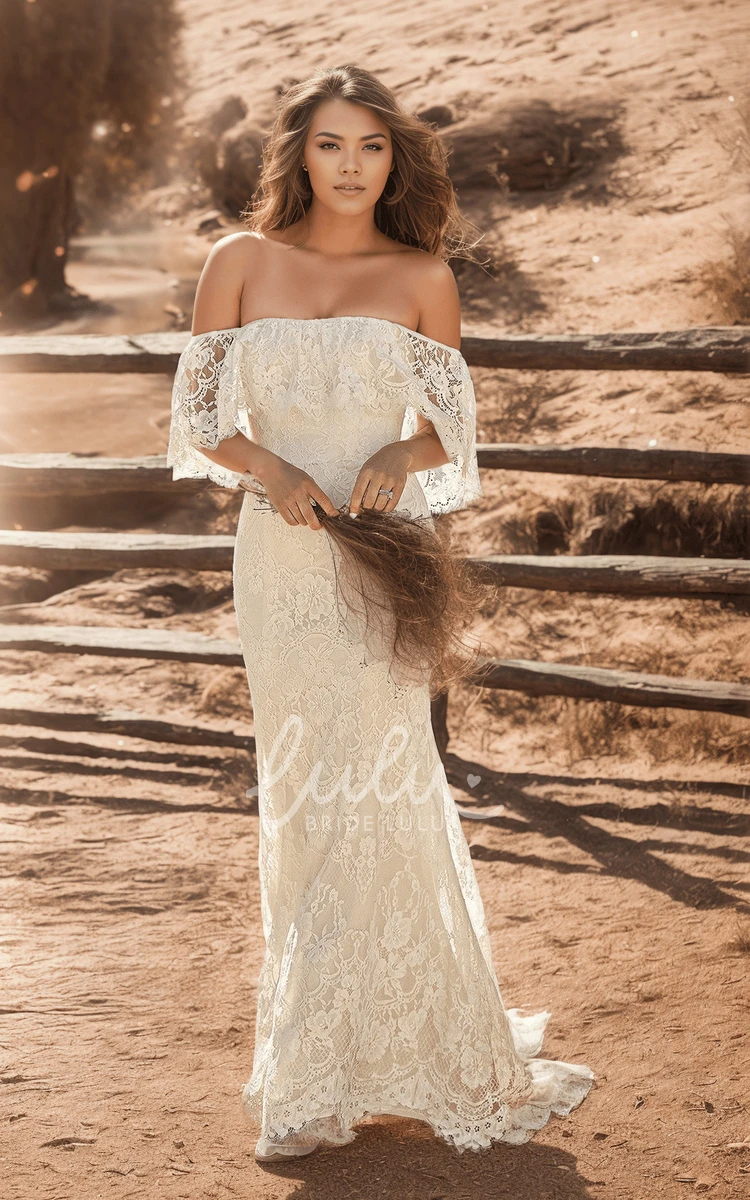 Bohemian Off-the-shoulder Sheath Lace Wedding Dress Draping Short Sleeve Open Back Bridal Gown with Train