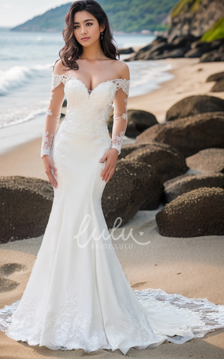 Off-the-shoulder Mermaid Floor-length Appliques Long Sleeve Wedding Dress