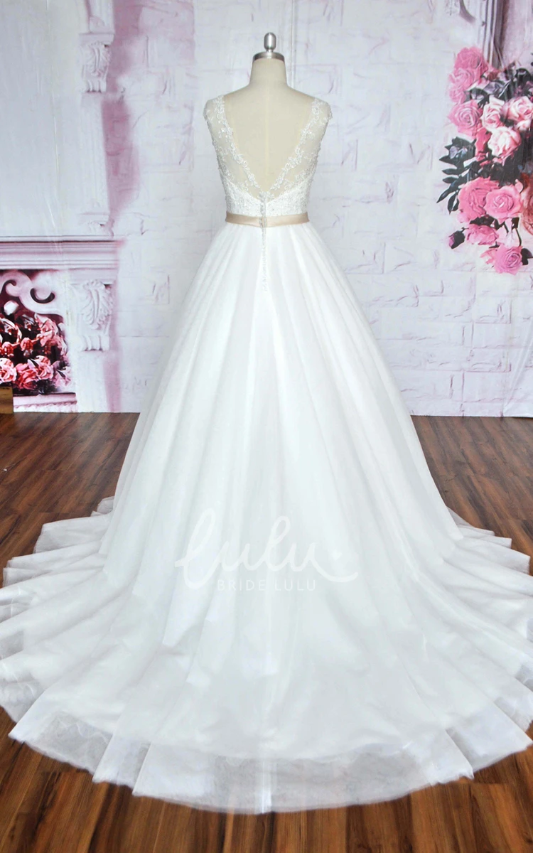 A-Line Tulle Wedding Dress with Illusion Neckline Deep V-Back Ballgown