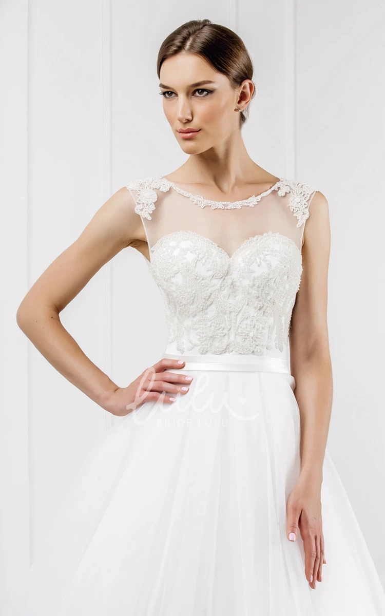 Illusion Appliqued Tulle Wedding Dress with Scoop Neckline Elegant Bridal Gown