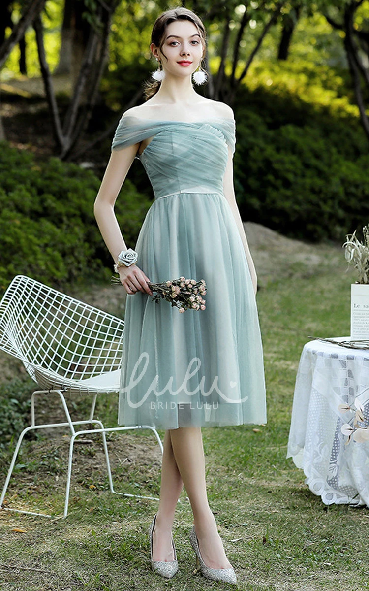 Off-the-Shoulder Tulle V-Neck A-Line Homecoming Dress with Ruching Knee-Length Midi Prom Party Dress