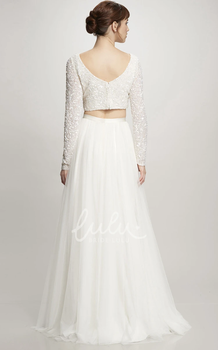 Tulle High Neck A-Line Wedding Dress with Long Sleeves Sequins and V-Back