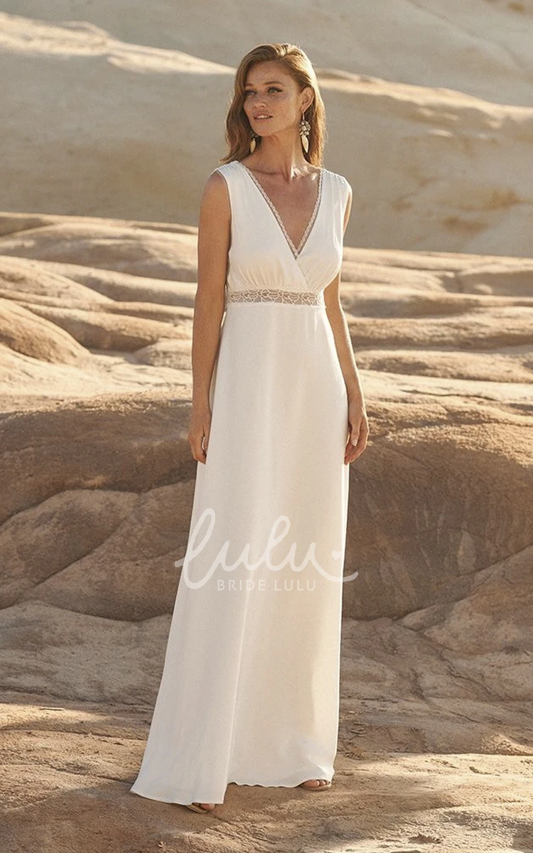 Sleeveless Lace Details Plunging Chiffon Wedding Dress