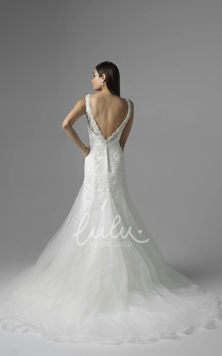 Appliqued Tulle&Lace A-Line Wedding Dress with Beading V-Neck and Deep-V Back