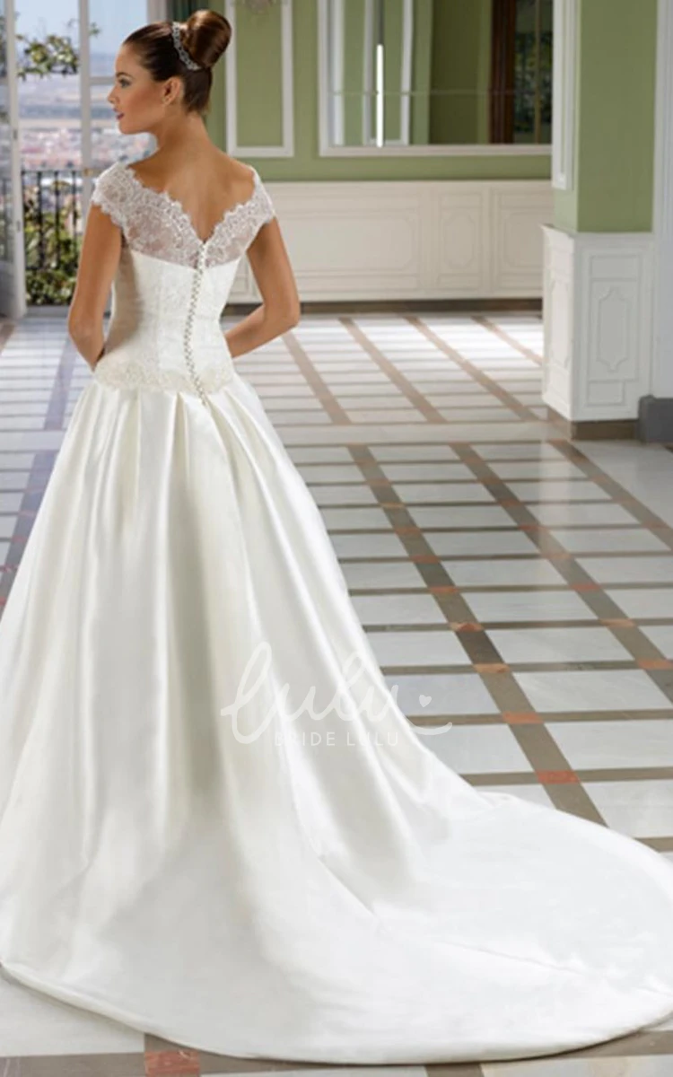 Satin Appliqued Wedding Dress with Court Train A-Line Off-The-Shoulder